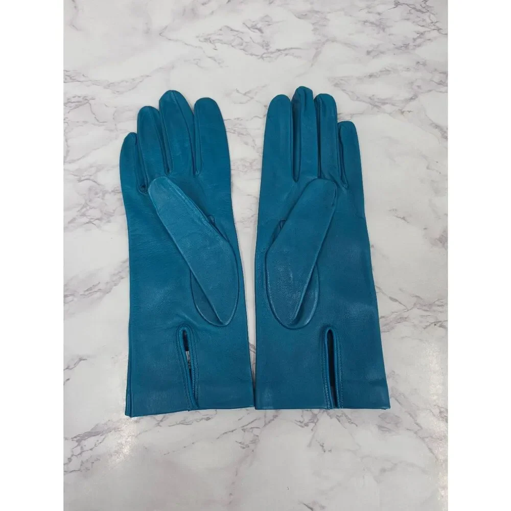 Vintage Italian Leather Teal Women's Driving Gloves with Perforated Eyelet